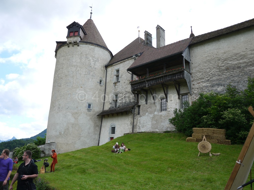 Looking up at Gruyères Castle from the garden.