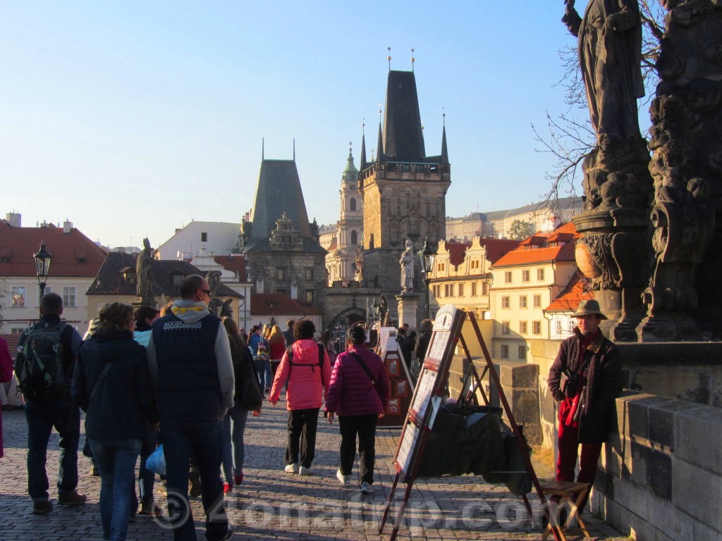 crossing Charles Bridge toward Lesser Quarter