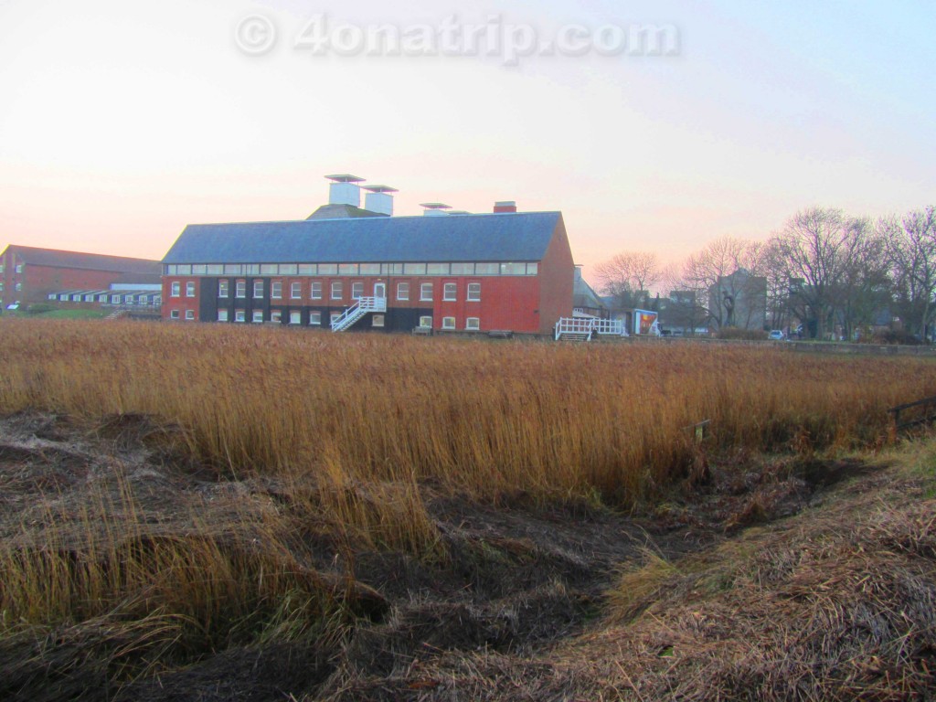 view of Snape Maltings from trail